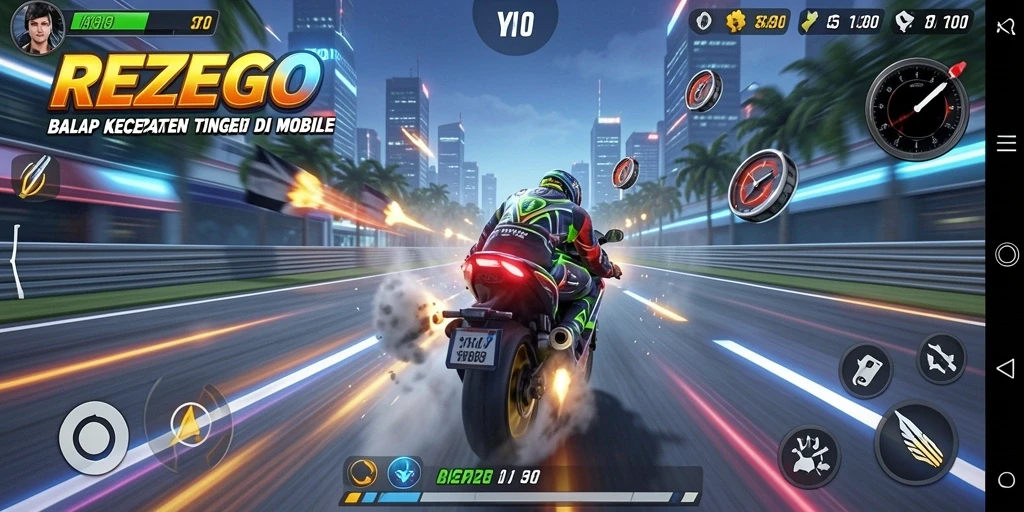 Screenshot gameplay REZEGO menampilkan aksi balap mendebarkan.